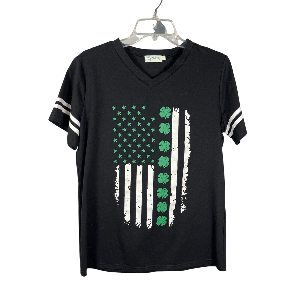 Spadehill Black St Patricks Day Shamrock American Flag T Shirt Top Size L‎